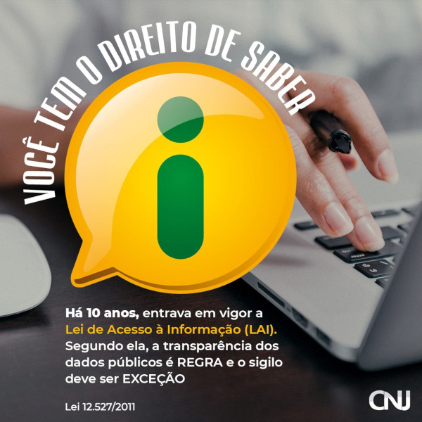 Ao fundo, foto de uma pessoa segurando uma caneta entre os dedos que também digitam em um teclado de computador. Sobre a foto, logo da LAI, um balão de diálogo amarelo com a letra I verde ao centro. O titulo contorna a parte superior da logo. Texto: Você tem o direito de saber. Há 10 anos, entrava em vigor a Lei de Acesso à Informação (LAI). Segundo ela, a transparência dos dados públicos é REGRA e o sigilo deve ser EXCEÇÃO. Lei 12.527/2011.