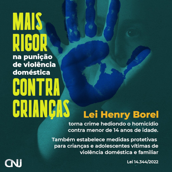 Foto de uma mão com a palma pintada de azul. Texto: Mais rigor na punição de violência doméstica contra crianças. Lei Henry Borel torna crime hediondo o homicídio contra menor de 14 anos de idade. Também estabelece medidas protetivas para crianças e adolescentes vítimas de violência doméstica e familiar. Lei 14.344/2022.