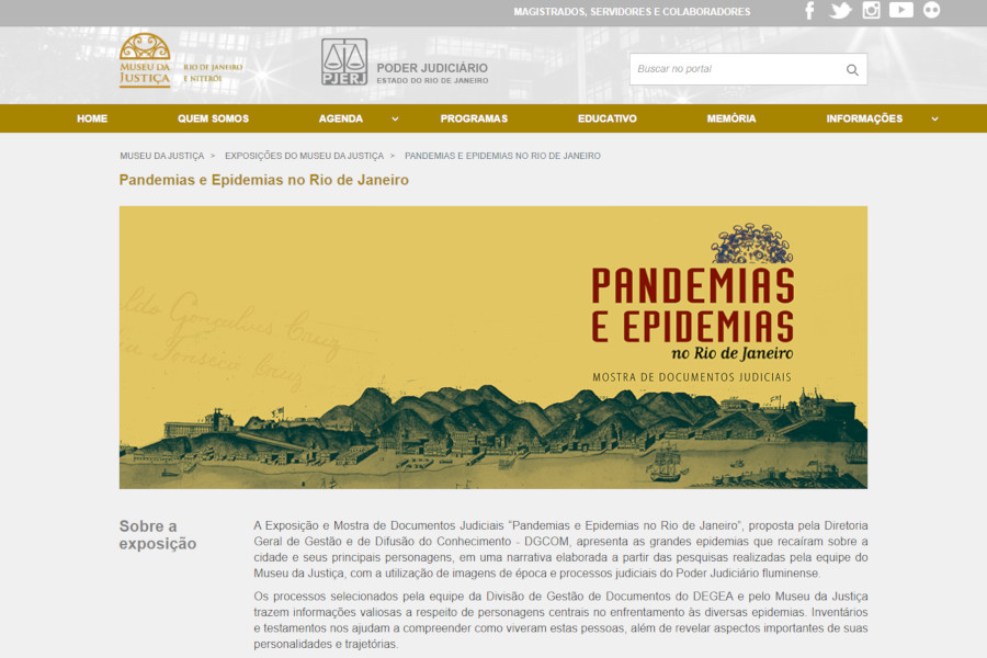 Página no site do TJRJ com informações da exposição Pandemias e Endemias no Rio de Janeiro - Mostra de Documentos Judiciais.