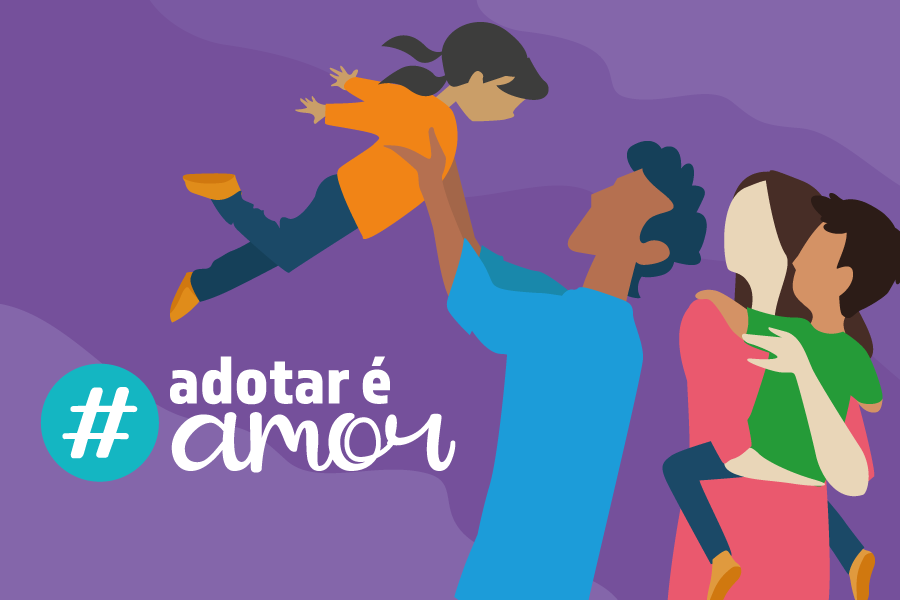 Sobre fundo roxo com grafismos, ilustração de um homem e uma mulher abraçando e brincando com uma menina e um menino. Texto: #AdotarÉAmor.