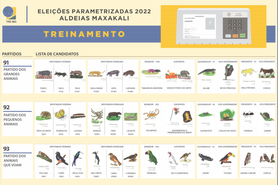 Cartaz com os partidos e candidatos da eleição na aldeia Maxakali.