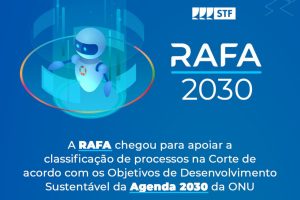 Ilustração de um robô em um fundo azul. Texto: RAFA 2030. A RAFA chegou para apoiar a classificação de processos na Corte de acordo com os Objetivos de Desenvolvimento Sustentável da Agenda 2030 da ONU.