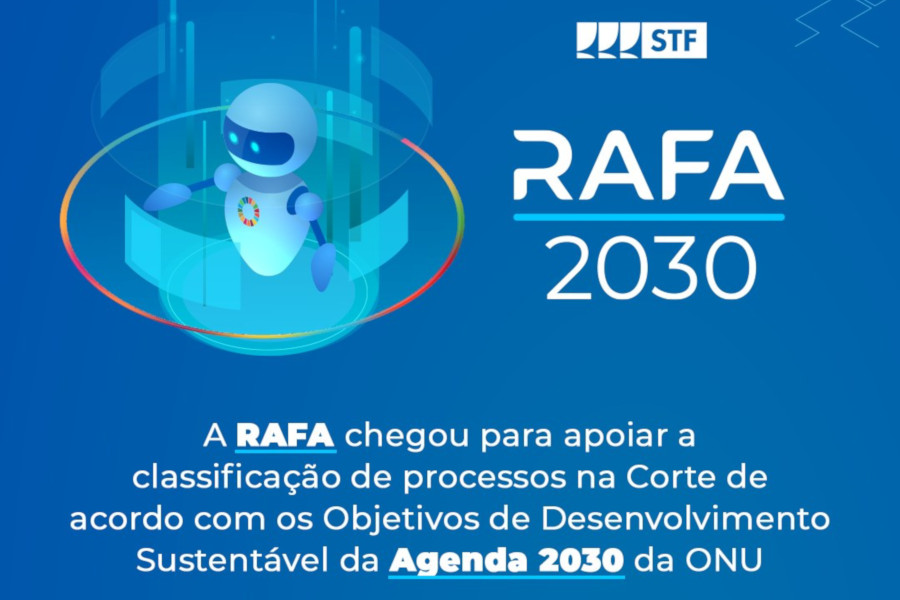 Ilustração de um robô em um fundo azul. Texto: RAFA 2030. A RAFA chegou para apoiar a classificação de processos na Corte de acordo com os Objetivos de Desenvolvimento Sustentável da Agenda 2030 da ONU.