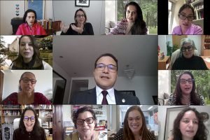 Fotomontagem com participantes do workshop por videoconferência.