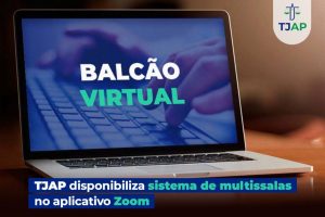 Foto mostra um notebook, com a tela mostrando uma imagem ilustrativa do Balcão Virtual.