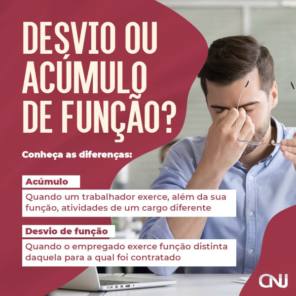 Foto mostra a foto de um homem em um escritório, sentado em frente a um notebook, com uma mão segurando o óculos e a outra entre os olhos, como se estivesse cansado. Texto: Desvio ou acúmulo de função? Conheça as diferenças: Acúmulo. Quando um trabalhador exerce, além da sua função, atividades de um cargo diferente. Desvio de função. Quando o empregado exerce função distinta daquela para a qual foi contratado.