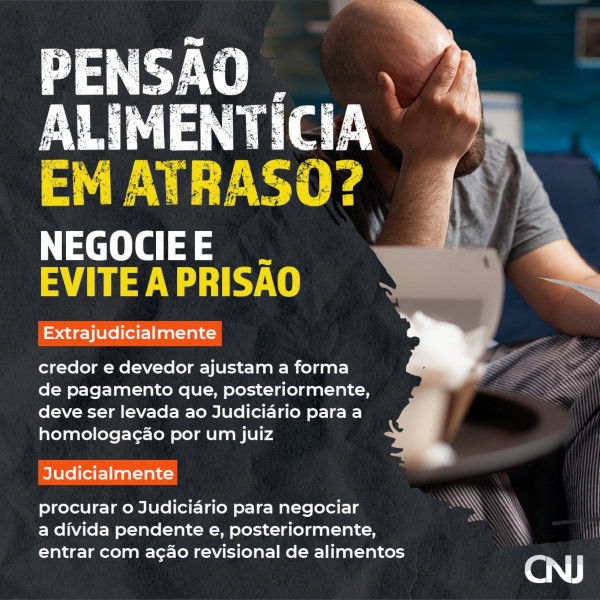 Foto mostra um homem com a mão na teste, demonstrando preocupação. Texto: Pensão alimentícia em atraso? Negocie e evite a prisão. Extrajudicialmente - credor e devedor ajustam a forma de pagamento que, posteriormente, deve ser levada ao Judiciário para a homologação por um juiz. Judicialmente - procurar o Judiciário para negociar a dívida pendente e, posteriormente, entrar com ação revisional de alimentos.