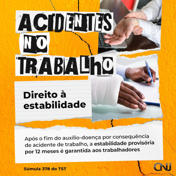 Arte sobre uma foto de uma parede rachada, mostra um homem com dor no pulso e outro homem com o pulso enfaixado. Texto: Acidentes do trabalho. Direito à estabilidade. Após o fim do auxílio-doença por consequência de acidente de trabalho, a estabilidade provisória por 12 meses é garantida aos trabalhadores. Súmula 378 do TST.