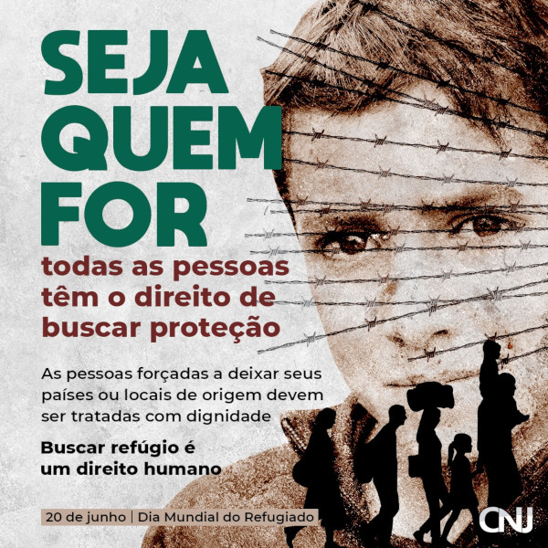 Foto de um menino com arames farpados diversos à frente e, em tamanho reduzido, a silhueta de pessoas e crianças caminhando e carregando coisas. Texto: Seja quem for, todas as pessoas têm o direito de buscar proteção. As pessoas forçadas a deixar seus países ou locais de origem devem ser tratadas com dignidade. Buscar refúgio é um direito humano. 20 de junho - Dia Mundial do Refugiado.