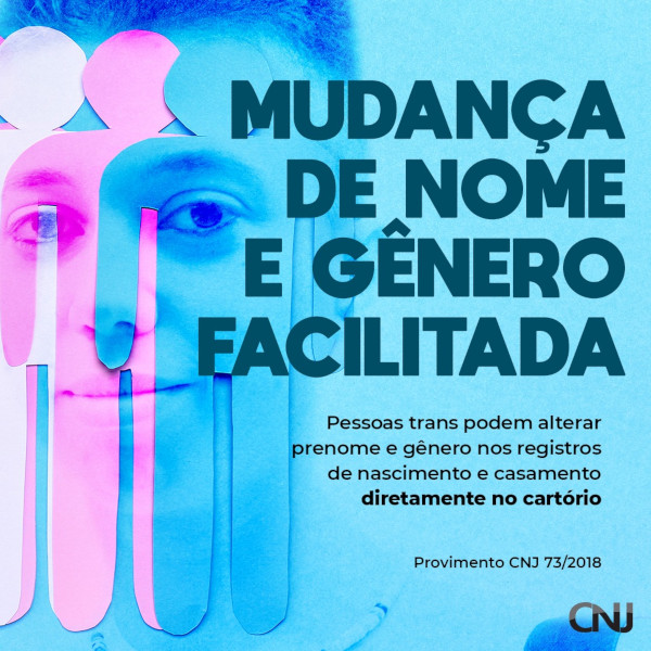 Foto mostra a imagem de um jovem. Textp: Mudança de nome e gênero facilitada. Pessoas trans podem alterar prenome e gênero nos registros de nascimento e casamento diretamente no cartório. Provimento CNJ 73/2018.