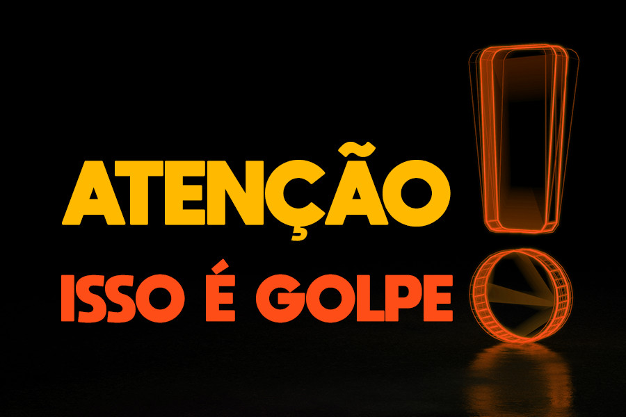 Ilustração de um ponto de exclamação laranja sobre um fundo preto. texto: Atenção! Isso é golpe!