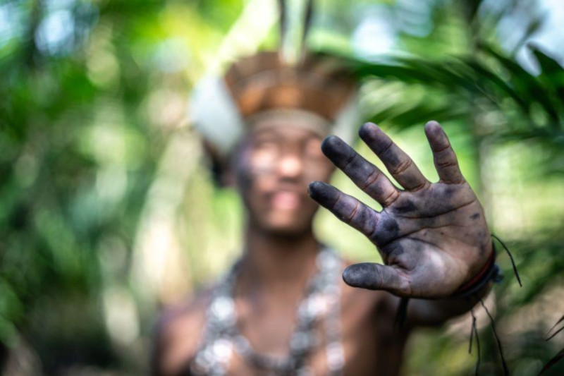 Foto mostra um homem indígena desfocado, no meio de árvores e plantas.