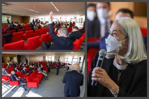 Fotomontagem com duas imagens da Plenária durante as votações, mostrando as pessoas sentadas no auditório com as mãos levantadas em apoio a uma proposta, e uma terceira com a corregedora nacional de Justiça falando ao microfone.