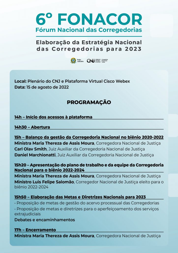 programação do 6º Fonacor – Fórum Nacional das Corregedorias: elaboração da Estratégia Nacional das Corregedorias para 2023