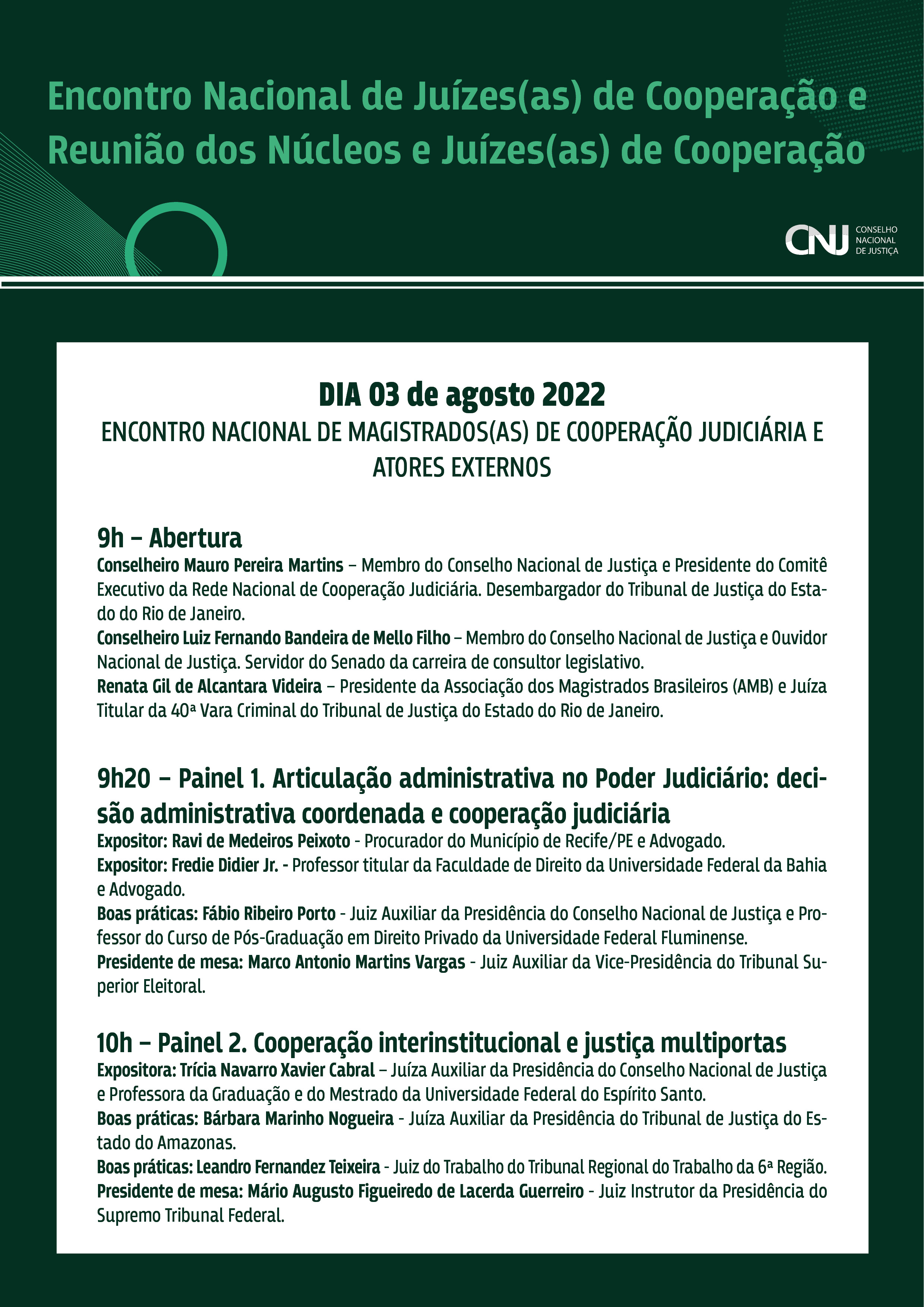 programação do Encontro Nacional de Juízes(as) de Cooperação Judiciária e Reunião dos Núcleos e Juízes(as) de Cooperação em formato jpeg - página 1