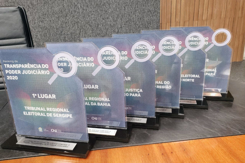Foto mostra trofeus do Ranking da Transparência 2020 enfileirados em cima de uma mesa.