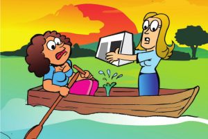 Ilustração mostra duas mulheres em uma canoa. Uma está remando, enquanto outra está segurando uma urna eletrônica para tapar um furo na canoa que está deixando entrar água.