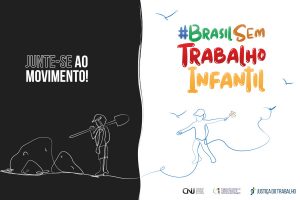 Peça da campanha, com uma ilustração sobre um fundo de negro, de uma criança com uma pá cavando e, na outra metade, com um fundo branco, a mesma criança brincando. Texto: Junte-se ao movimento! #BrasilSemTrabalhoInfantil