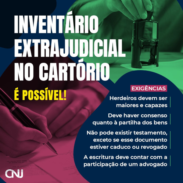 Foto de uma pessoa carimbando e outra de uma pessoa assinando uma folha de contrato. Texto: Inventário extrajudicial no cartório é possível! Exigências: Herdeiros devem ser maiores e capazes; Deve haver consenso quanto à partilha dos bens; Não pode existir testamento, exceto se esse documento estiver caduco ou revogado; A escritura deve contar com a participação de um advogado.