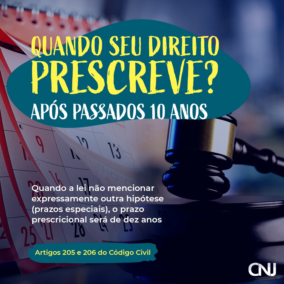 Composição de fotos de um malhete e de um calendário. Texto: Quando seu direito prescreve? Após passados 10 anos. Quando a lei não mencionar expressamente outra hipótese (prazos especiais), prazo prescricional será de dez anos. Artigos 205 e 206 do Código Civil.
