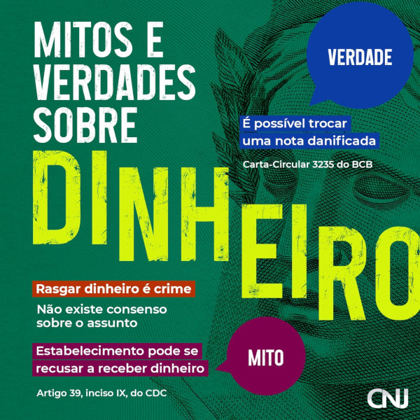 Foto de uma cédula. Texto: Mitos e verdades sobre dinheiro. Verdade; É possível trocar uma nota danificada - Carta-Circular 3235 do BCB. Rasgar dinheiro é crime - Não existe consenso sobre o assunto. Mito: Estabelecimento pode se recusar a receber dinheiro - Artigo 39, inciso IX, do CDC.