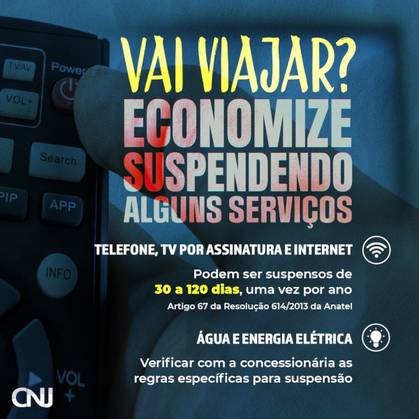 Foto de uma mão segurando um controle remoto e apertando o botão "Power". Vai viajar? Economize suspendendo alguns serviços. Telefone, TV por assinatura e internet: podem ser suspensos de 30 a 120 dias, uma vez por ano - Artigo 67 da Resolução 614/2013 da Anatel. Água e energia elétrica: verificar com a concessionária as regras específicas para suspensão.