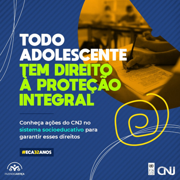 Grafismos com destaque a um jovem respondendo a uma prova. Texto: Todo adolescente tem direito à proteção integral. Conheça ações do CNJ no sistema socioeducativo para garantir esses direitos. #ECA32ANOS