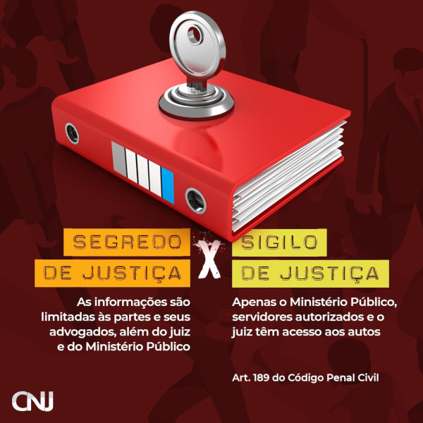Ilustração de um processo com uma fechadura e uma chave na capa. Texto: Segredo de Justiça: As informações são limitadas às partes e seus advogados, além do juiz do Ministério Público. Sigilo de Justiça: Apenas o Ministério Público, servidores autorizados juiz têm acesso aos autos. Art. 189 do Código Penal Civil.