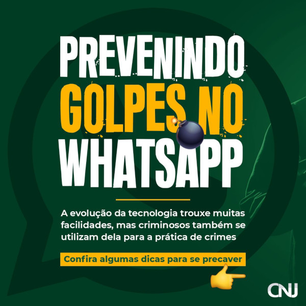 Ilustração da logomarca do WhatsApp. Texto: Prevenindo golpes no WhatsApp. A evolução da tecnologia trouxe muitas facilidades, mas criminosos também se utilizam dela para a prática de crimes. Confira algumas dicas para se precaver.
