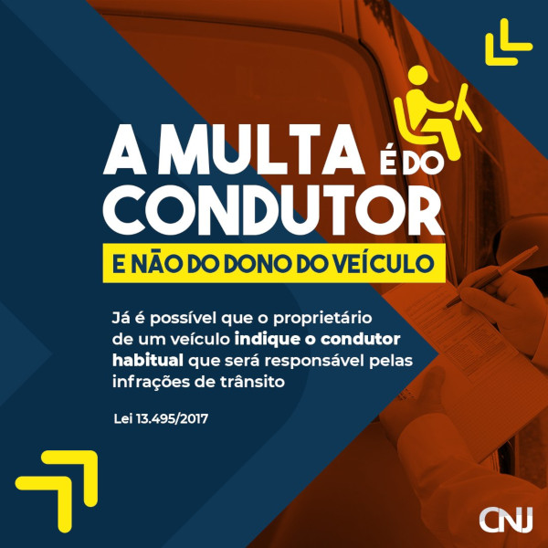 Foto de um homem aplicando uma multa em um carro. Texto: A multa é do condutor e não do dono do veículo. Já é possível que o proprietário de um veículo indique o condutor habitual que será responsável pelas infrações de trânsito. Lei 13.495/2017.