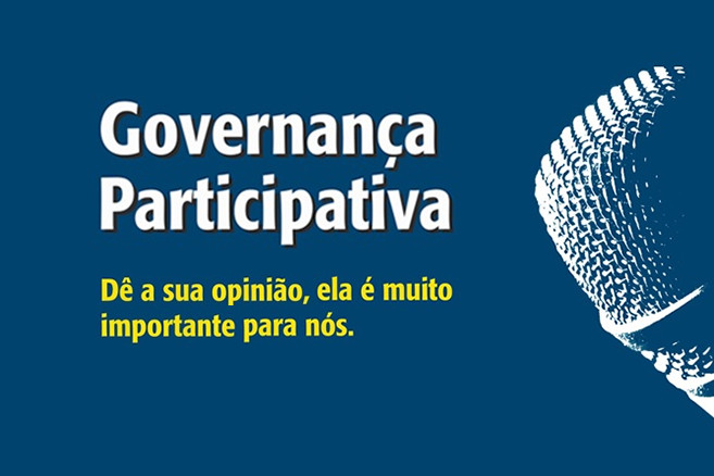 Foto de microfone sobre um fundo azul. Texto: Governança Participativa. Dê a sua opinião, ela é muito importante para nós.