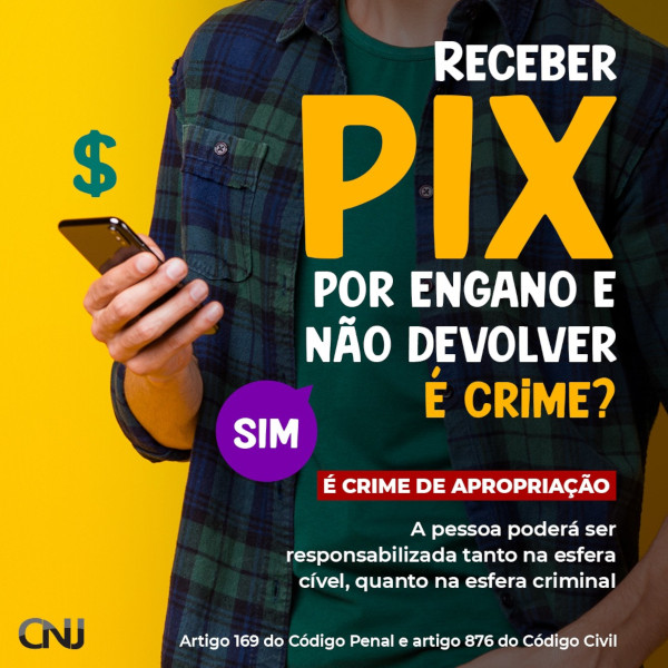 Foto mostra um homem mexendo em um celular com o desenho de um cifrão acima do aparelho. Texto: Receber Pix por engano e não devolver é crime? Sim, é crime de apropriação. A pessoa poderá ser responsabilizada tanto na esfera cível, quanto na esfera criminal. Artigo 169 do Código Penal e artigo 876 do Código Civil.