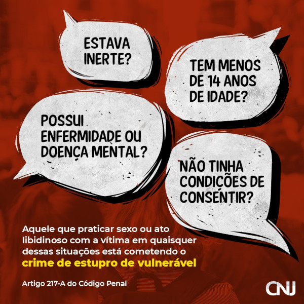 Foto de crianças andando com mochilas nas costas. Texto: Estava inerte? Tem menos de 14 anos de idade? Possui enfermidade ou doença mental? Não tinha condições de consentir? Aquele que praticar sexo ou ato libidinoso com a vítima em quaisquer dessas situações está cometendo o crime de estupro de vulnerável. Artigo 217-A do Código Penal.