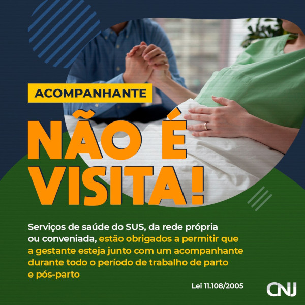 Foto de mulher grávida deitada com uma mão sobre a barriga e a outra segurando a mão de seu companheiro. Texto: Acompanhante não é visita! Serviços de saúde do SUS, da rede própria ou conveniada, estão obrigados a permitir que a gestante esteja junto com um acompanhante durante todo o período de trabalho de parto, parto e pós-parto. Lei 11.108/2005.