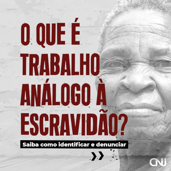 Foto do rosto de uma mulher negra idosa. Texto: O que é trabalho análogo à escravidão? Saiba como identificar e denunciar.