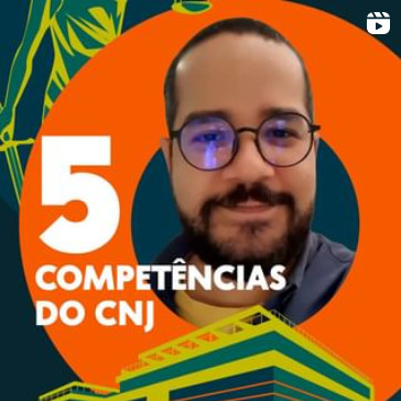 Ilustração do prédio do CNJ. Texto: Competências do CNJ.