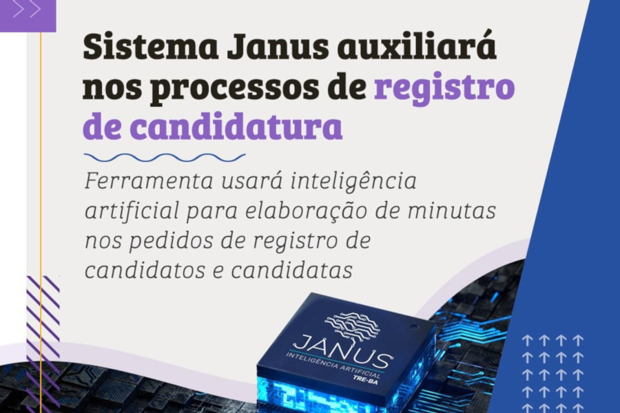 Arte com formas geométricas de triângulo na cor azul e retângulo na cor roxa e imagem de um chip com a marcado do sistema Janus. Texto: Sistema Janus auxiliará nos processos de registro de candidatura. Ferramenta usará inteligência artificial para elaboração de minutas nos pedidos de registro de candidatos e candidatas.