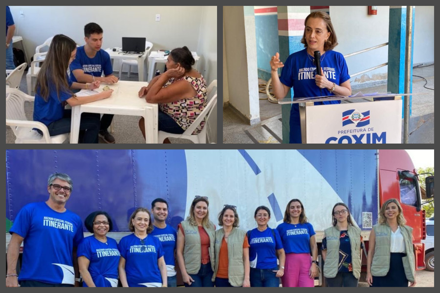 Fotomontagem com momentos do projeto. Na foto superior à esquerda, uma mulher está sendo orientada por um casal de atendentes, todos sentados em volta de uma mesa em uma sala. Na foto superior à direita, a presidente do TRF3 discursa em um púlpito com a logomarca da prefeitura de Coxim. E, na foto inferior, profissionais do TRF3 posam em frente ao caminhão do projeto.