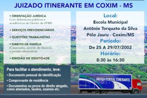 Read more about the article Justiça Federal da 3ª Região leva serviços a distrito de Coxim (MS) no final do mês