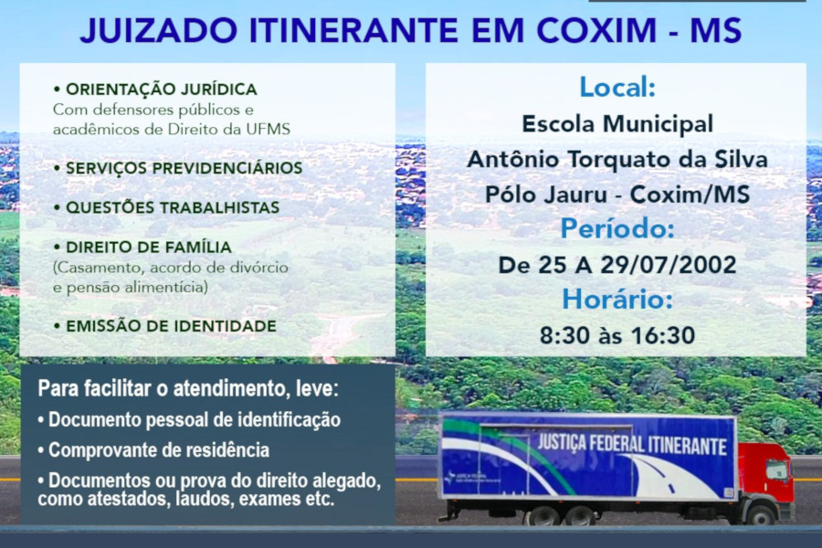 Você está visualizando atualmente Justiça Federal da 3ª Região leva serviços a distrito de Coxim (MS) no final do mês