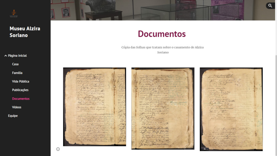 Tela do Museu Virtual Alzira Soriano, onde se vê três páginas digitalizadas que tratam do casamento dela.
