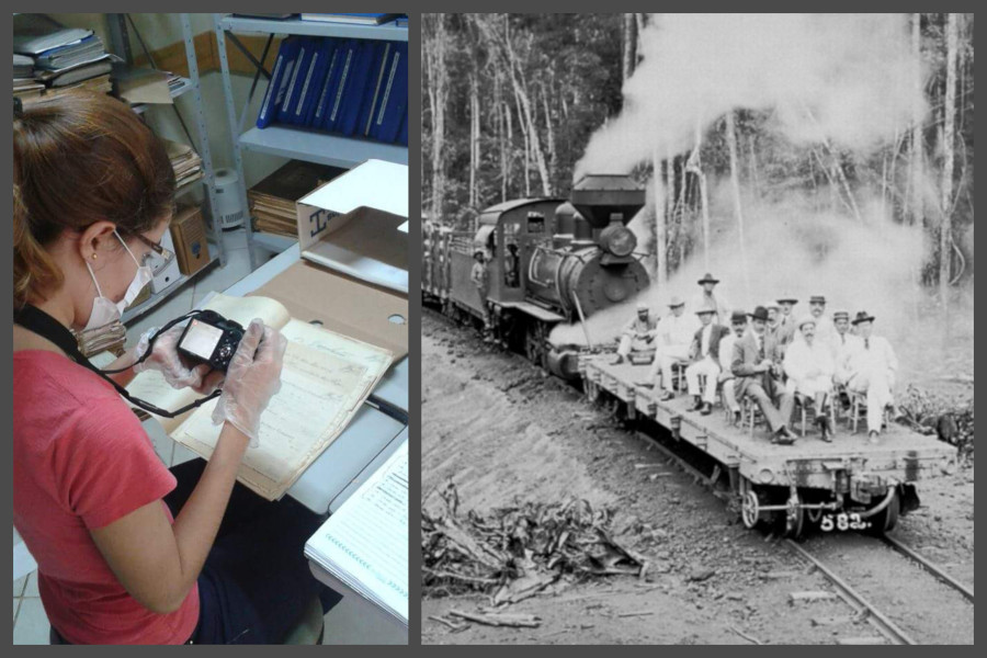 Composição de duas fotos. A foto da esquerda mostra a pesquisadora fotografando um documento antigo. Foto da direita mostra trabalhadores se locomovendo em um trem durante a construção da ferrovia.