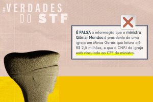 Arte mostra a cabeça da estátua da deusa da Justiça Themis. Texto: #VerdadesDoSTF É falsa a informação que o ministro Gilmar Mendes é presidente de uma igreja em Minas Gerais que fatura até R$ 2,5 milhões e que o CNPJ da igreja está vinculado ao CPF do ministro.