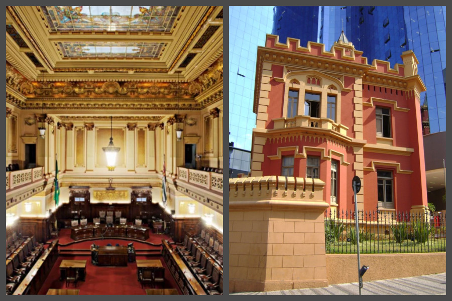 Montagem com foto de espaço interior do Palácio da Justiça do TJSP, à esquerda, e do Palacete Conde de Sarzedas, à direita.