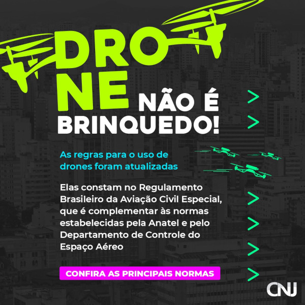 Foto de uma cidade com a ilustração de um drone sobreposta. Texto: Drone não é brinquedo! As regras para o uso de drones foram atualizadas. Elas constam no Regulamento Brasileiro da Aviação Civil Especial, que é complementar às normas estabelecidas pela Anatel e pelo Departamento de Controle do Espaço Aéreo. Confira as principais normas.