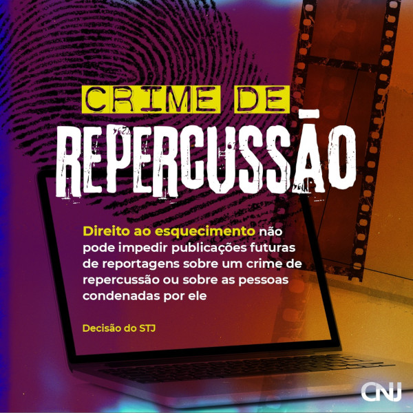 Sobreposição de ilustrações de impressão digital, película de filme e notebook. Texto: Crime de repercussão. Direito ao esquecimento não pode impedir publicações futuras de reportagens sobre um crime de repercussão ou sobre as pessoas condenadas por ele. Decisão do STJ.