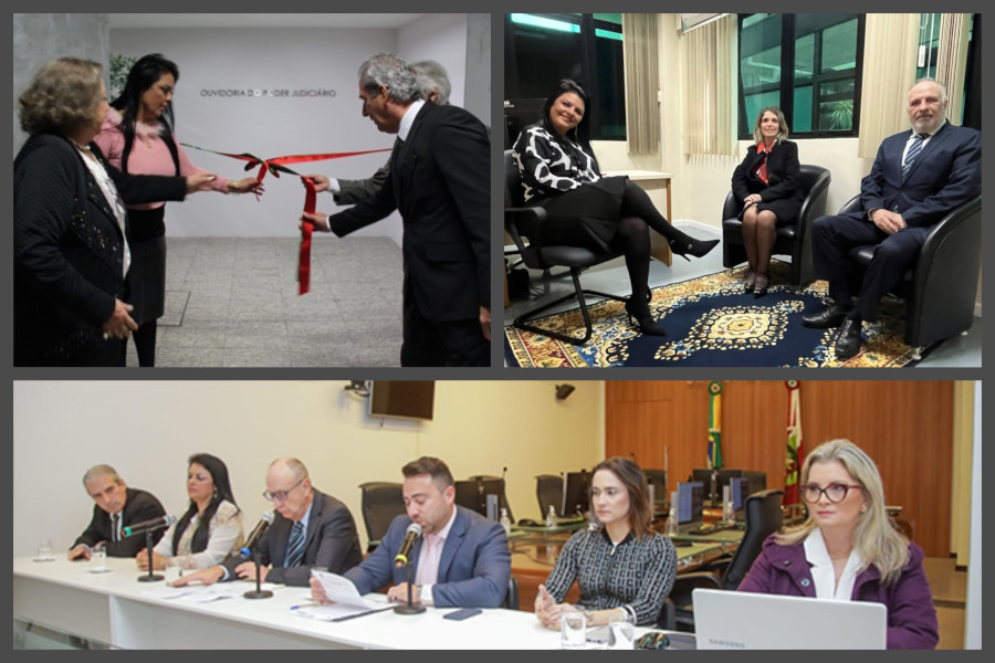 Fotomontagem. Na parte superior, a foto à esquerda mostra momento em que as pessoas puxaram a fita de inauguração no TJSC e a foto à direita mostra as pessoas sentadas em reunião no gabinete do presidente do TRT12. Na parte inferior, foto mostra a mesa principal do evento de inauguração da unidade no TRE-SC.