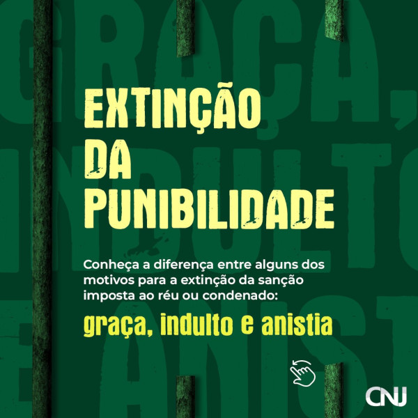 Em fundo na cor verde, letras grandes nas palavras "graça, indulto e anistia" também de cor verde. Sobrepostos, pedaços de barras de grades. Texto: Extinção da punibilidade. Conheça a diferença entre alguns dos motivos para a extinção da sanção imposta ao réu ou condenado: graça, indulto e anistia.