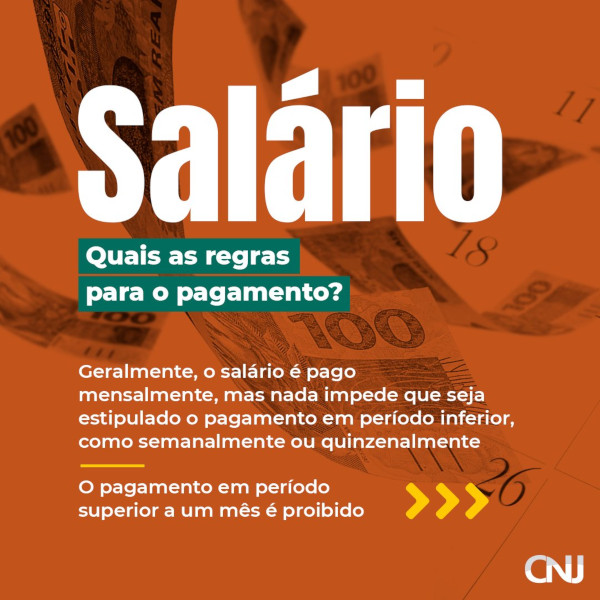 Sobre fundo laranja, imagem de notas de cem reais em tons de laranja. Texto: Salário. Quais as regras para o pagamento? Geralmente o salário é pago mensalmente, mas nada impede que seja estipulado o pagamento em período inferior, como semanalmente ou quinzenalmente. O pagamento em período superior a um mês é proibido.