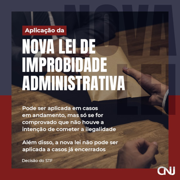 Imagem de mãos sobre uma mesa de madeira, na qual está sendo passado um envelope de uma mão para a outra. Texto: Aplicação da nova Lei de Improbidade Administrativa. Pode ser aplicada em casos em andamento, mas só se for comprovado que não houve a intenção de cometer a ilegalidade. Além disso, a nova lei não pode ser aplicada a casos já encerrados. Decisão do STF.